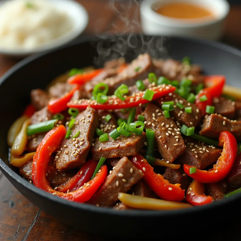 A plate of Easy Chinese Pepper Steak with tender beef strips, colorful bell peppers, and a savory sauce, served over steamed rice.