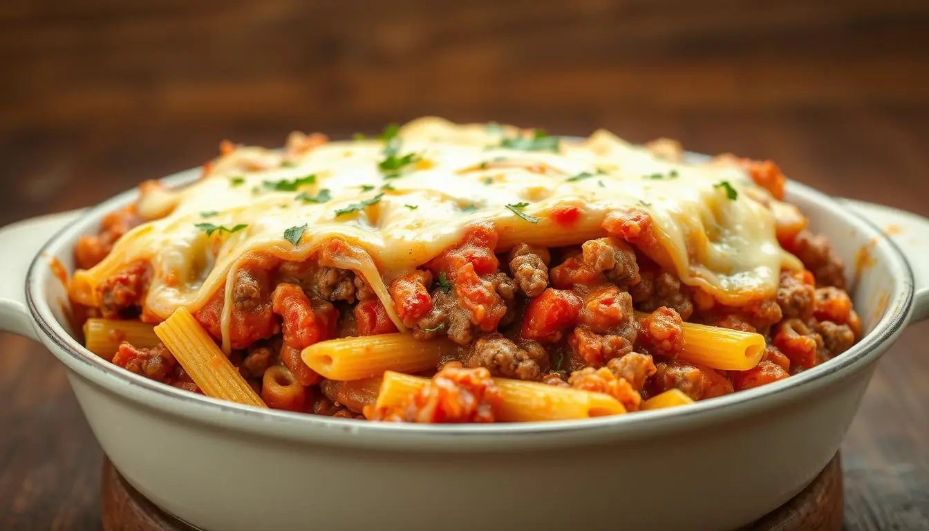 Baked ziti with ground beef, topped with melted cheese in a white casserole dish.