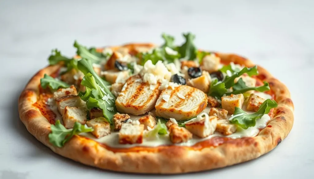 low carb chicken pizza Chicken crust Caesar salad pizza topped with fresh greens and creamy dressing.