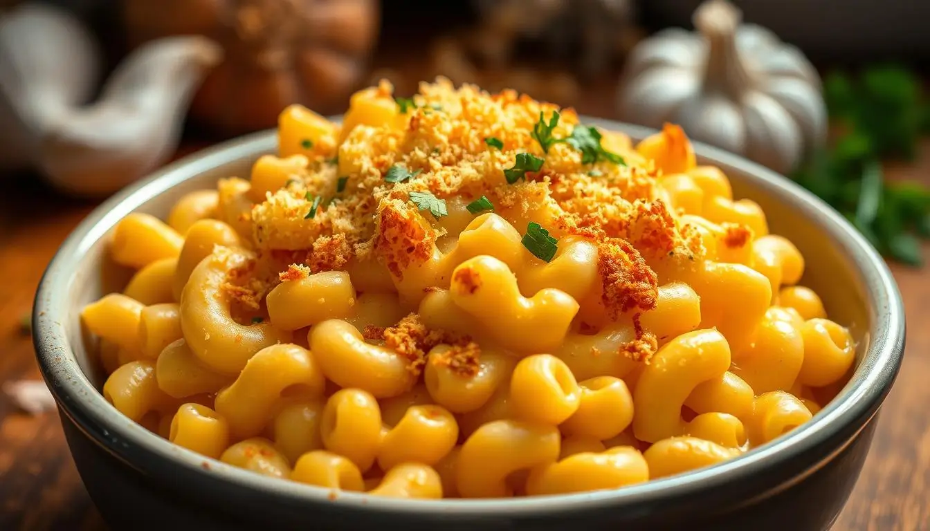 Creamy bowl of homemade macaroni and cheese topped with melted cheddar.