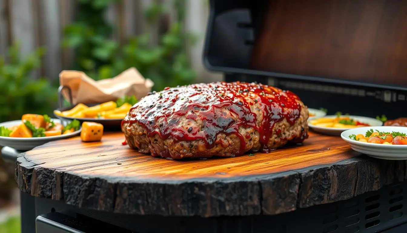 Smoked meatloaf cooked on a pellet grill with BBQ glaze