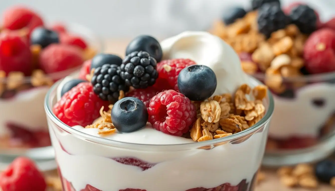 Healthy Greek yogurt topped with granola and fresh berries.