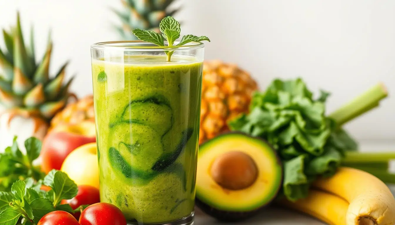 Healthy green smoothie with fresh ingredients for energy and wellness.