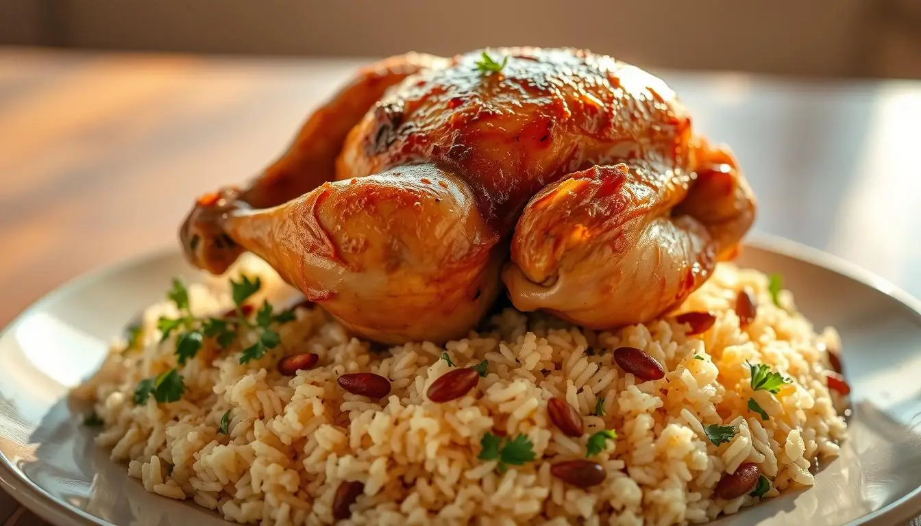 Delicious Roast Chicken served with Rice Pilaf on a plate.
