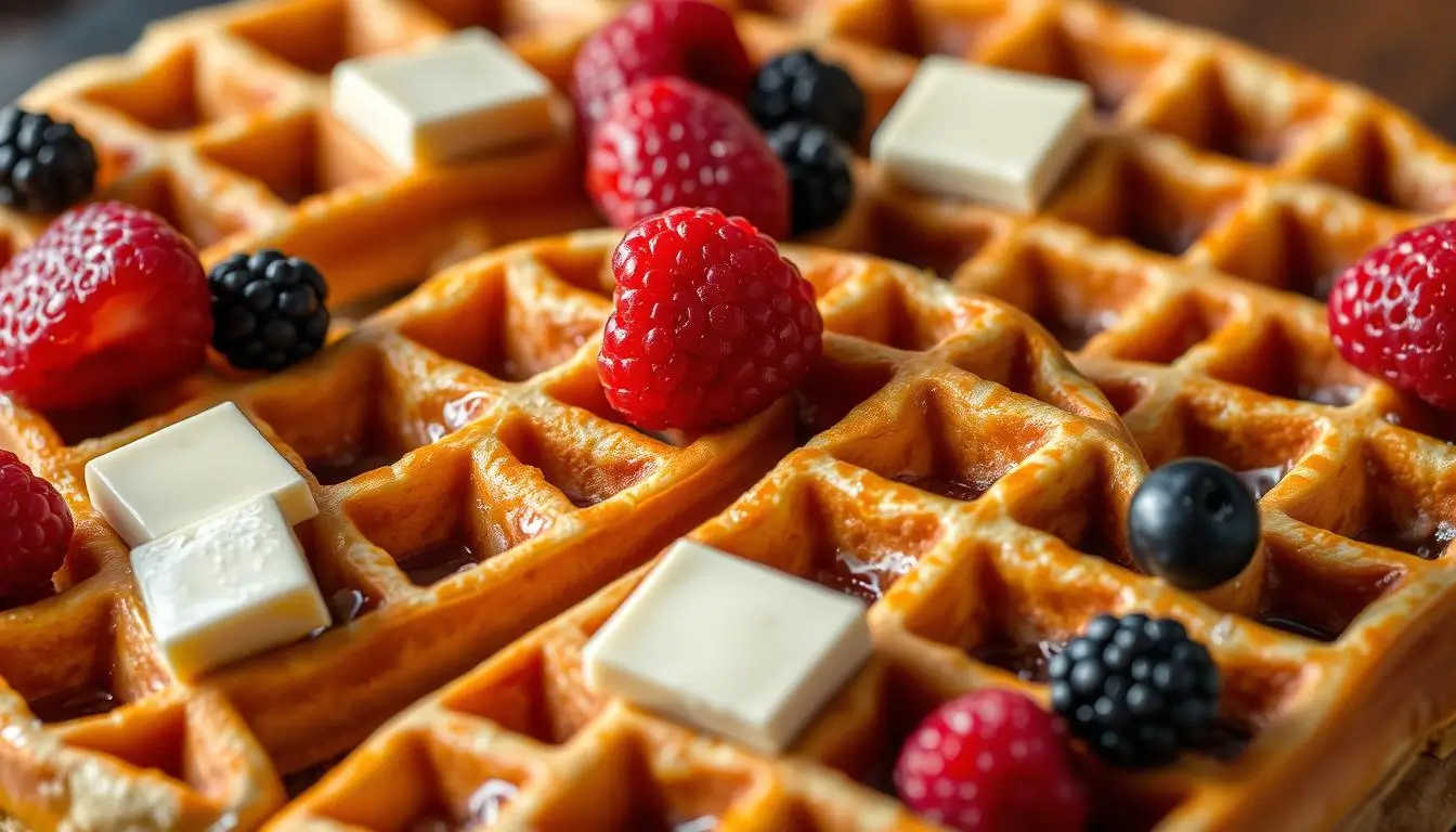Golden brown waffles topped with melting butter and fresh fruit on a white plate.