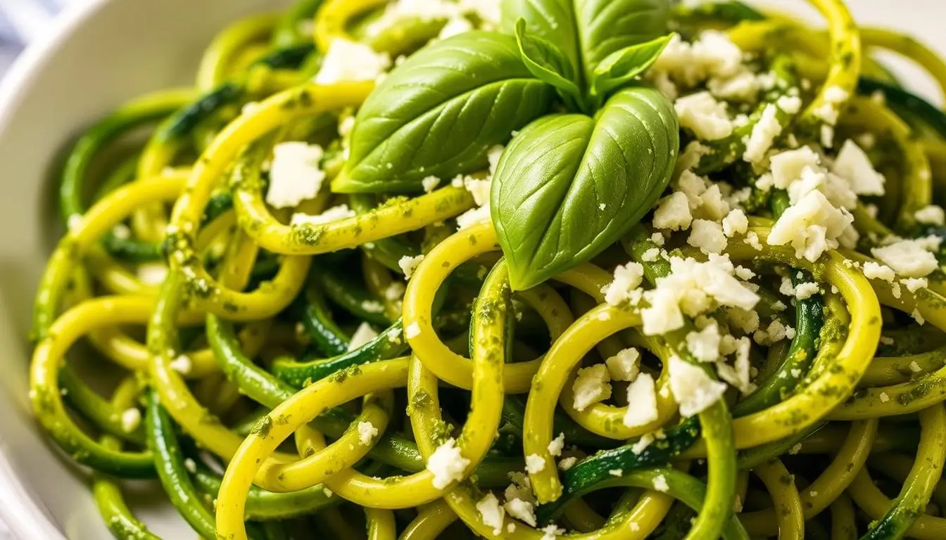 Zucchini noodles topped with fresh pesto sauce, garnished with herbs.