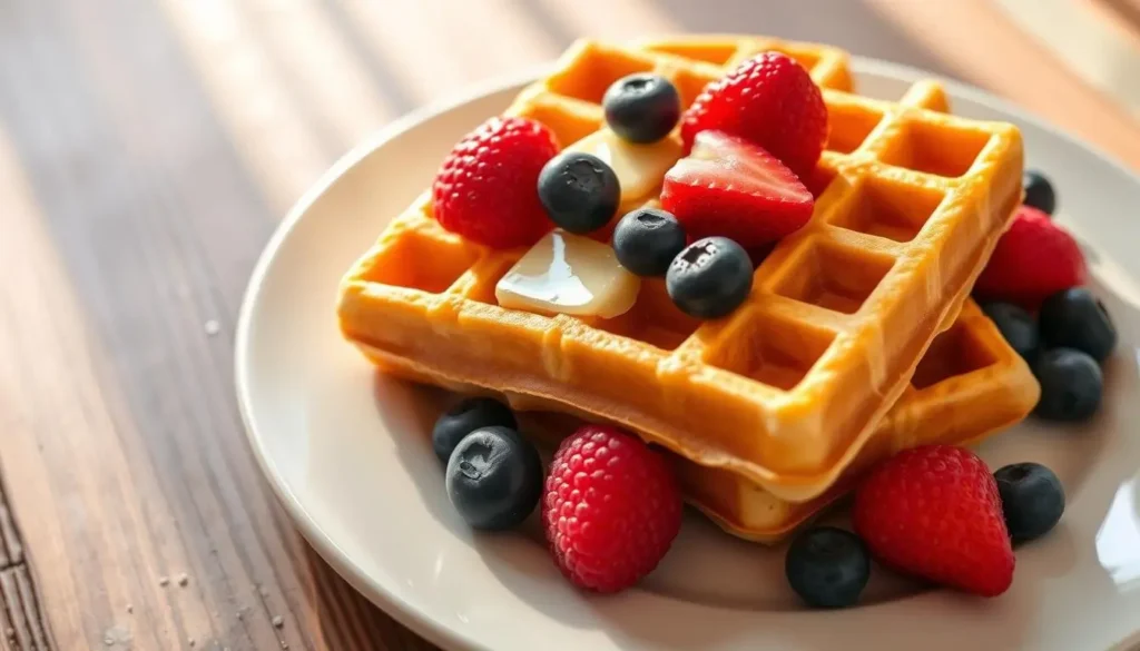delicious homemade waffles with fresh fruit Golden brown waffles topped with melting butter and fresh fruit on a white plate.