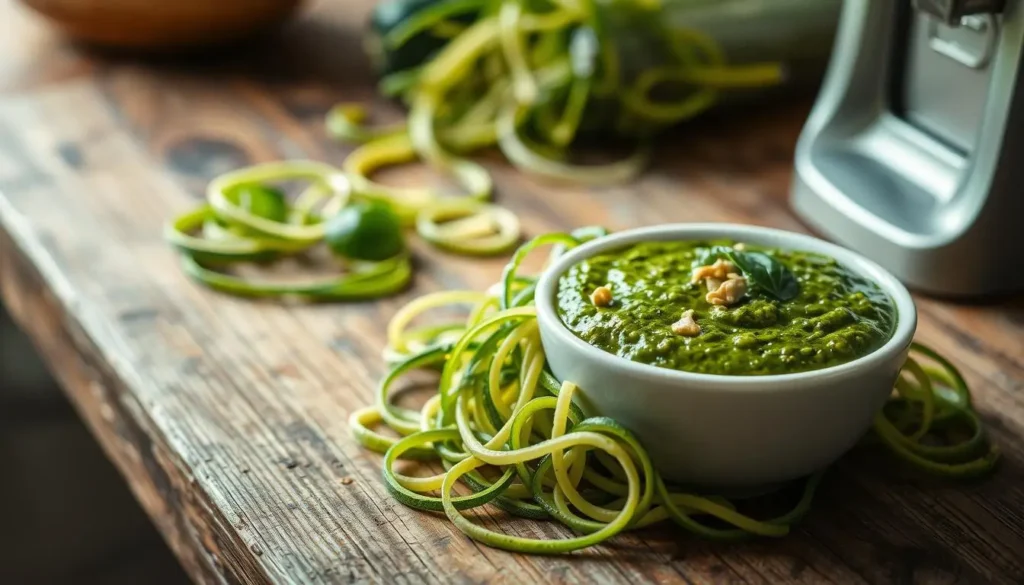 gluten-free zucchini noodles with homemade pesto Zucchini noodles topped with fresh pesto sauce, garnished with herbs.