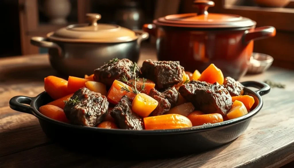 hearty beef dish Easy pot roast with carrots and potatoes, a hearty and delicious family meal