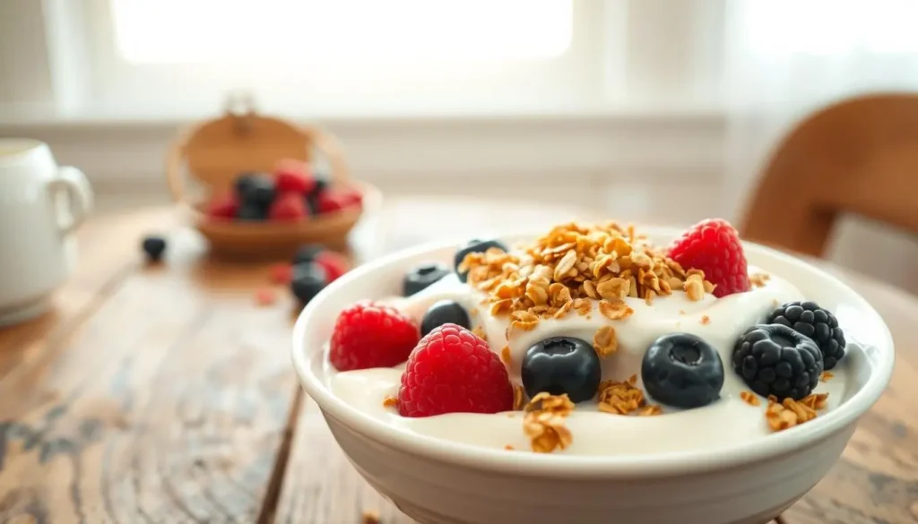 high protein breakfast Healthy Greek yogurt topped with granola and fresh berries.