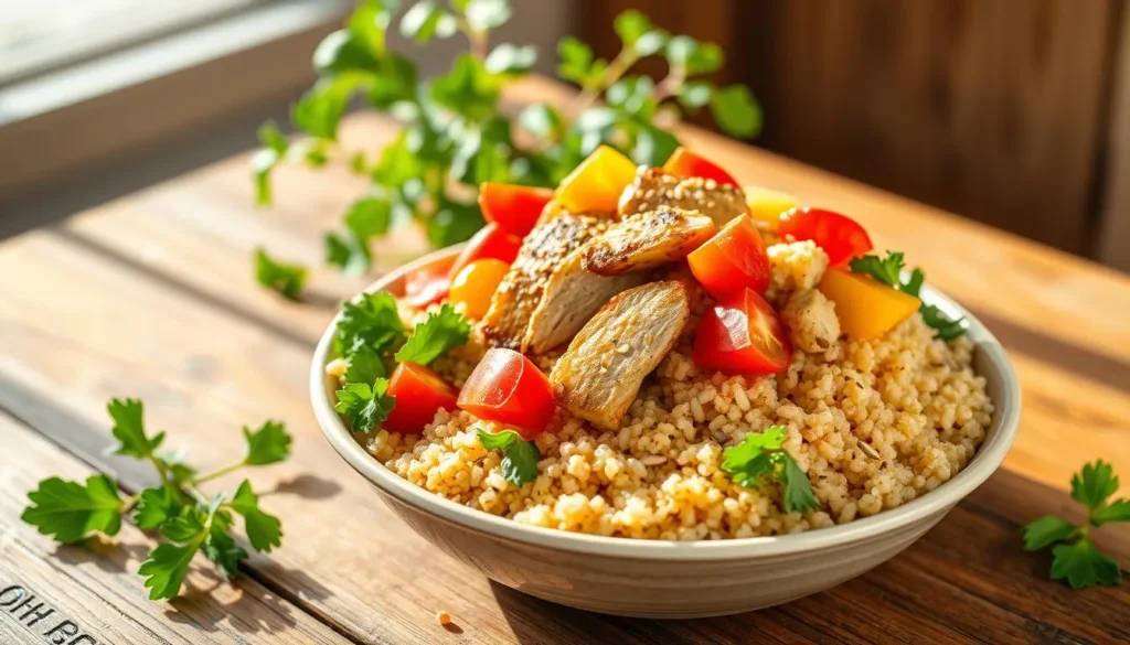 nutritious quinoa bowl Healthy quinoa bowl with grilled chicken, fresh vegetables, and herbs in a white bowl.