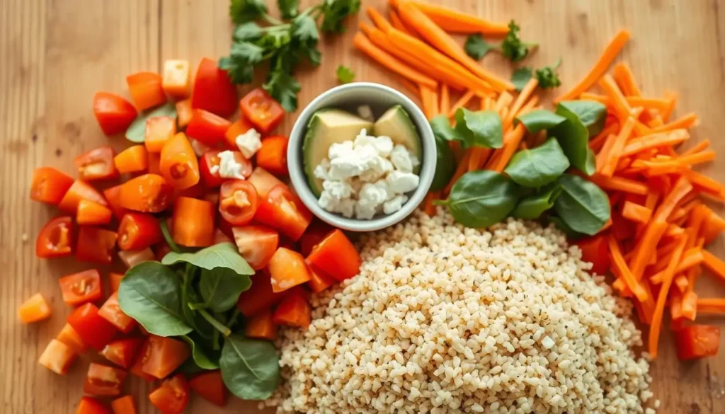 quinoa bowl ingredients Healthy quinoa bowl with grilled chicken, fresh vegetables, and herbs in a white bowl.