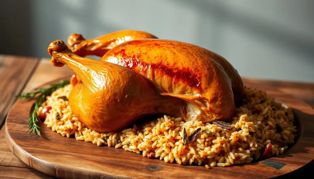 roast chicken recipe Delicious Roast Chicken served with Rice Pilaf on a plate.