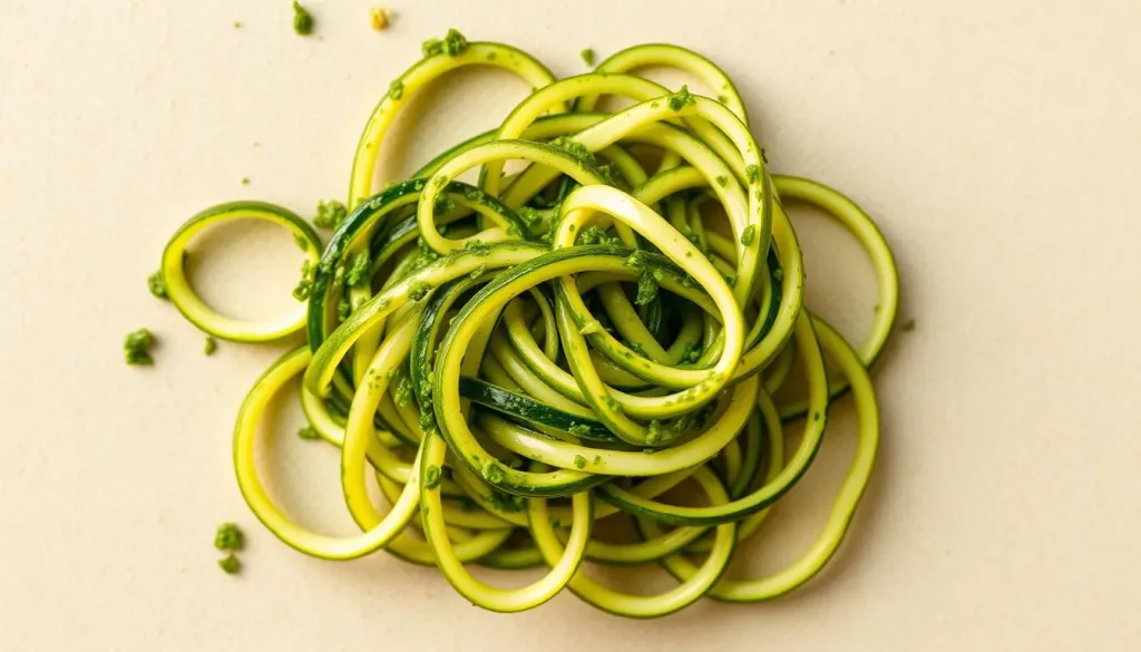 spiralized zucchini with pesto Zucchini noodles topped with fresh pesto sauce, garnished with herbs.