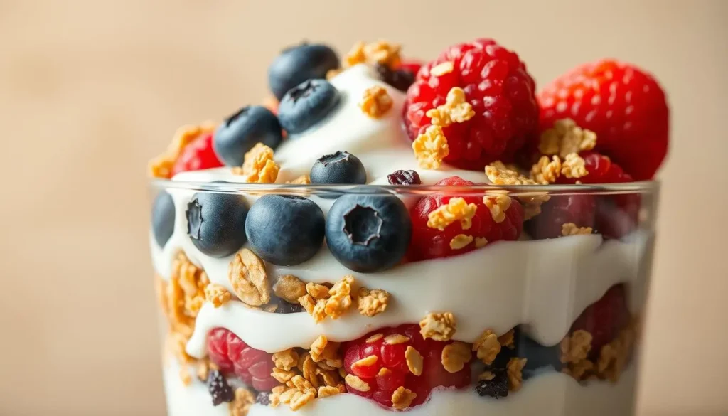 yogurt parfait recipe Healthy Greek yogurt topped with granola and fresh berries.