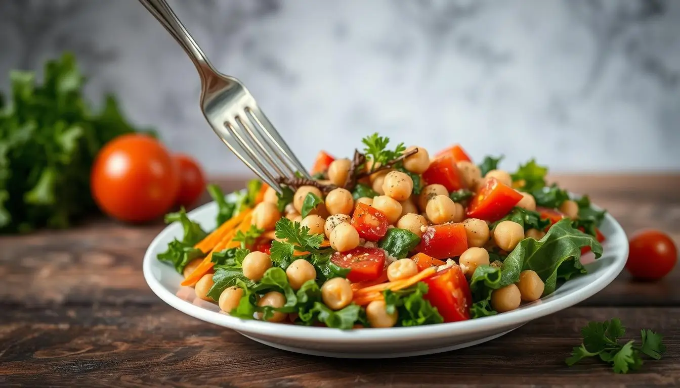 Chickpea salad with fresh vegetables in a bowl, ready to serve.