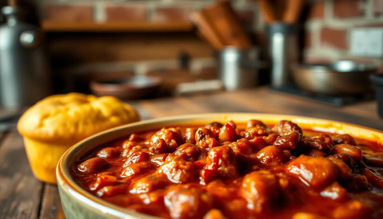 Bowl of hearty Chili Con Carne topped with sour cream and fresh herbs