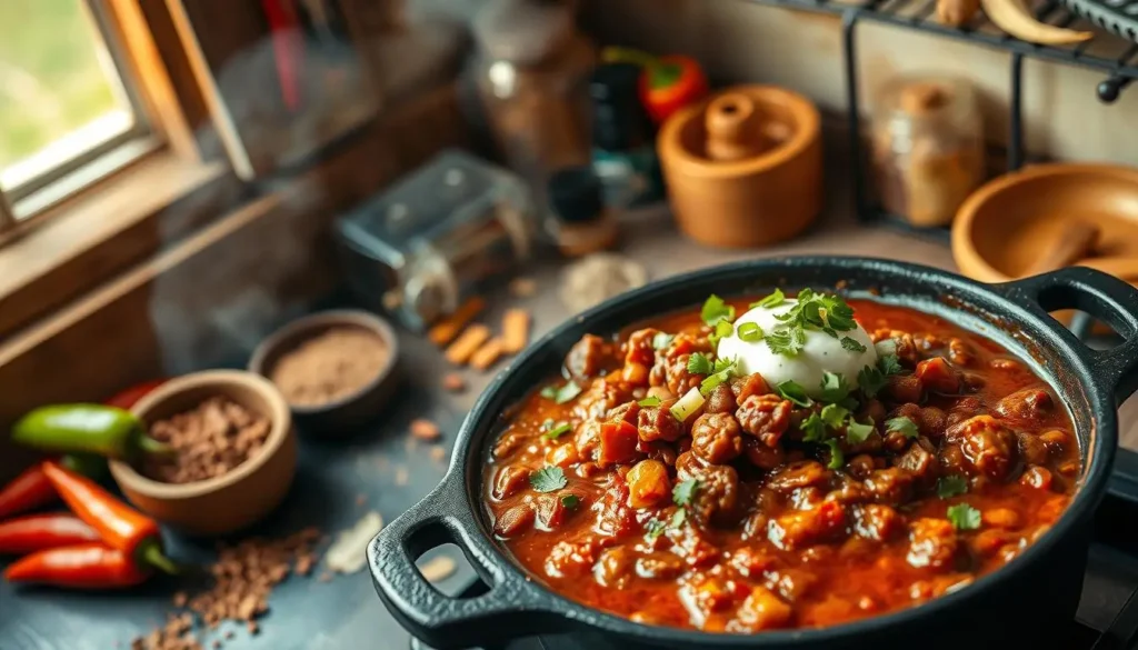 Mexican cuisine influence on chili con carne Bowl of hearty Chili Con Carne topped with sour cream and fresh herbs