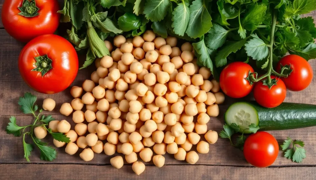 chickpea salad ingredients Chickpea salad with fresh vegetables in a bowl, ready to serve.