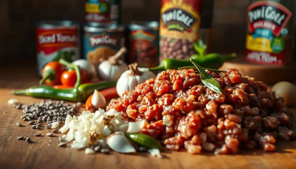 ground beef chili ingredients Bowl of hearty Chili Con Carne topped with sour cream and fresh herbs