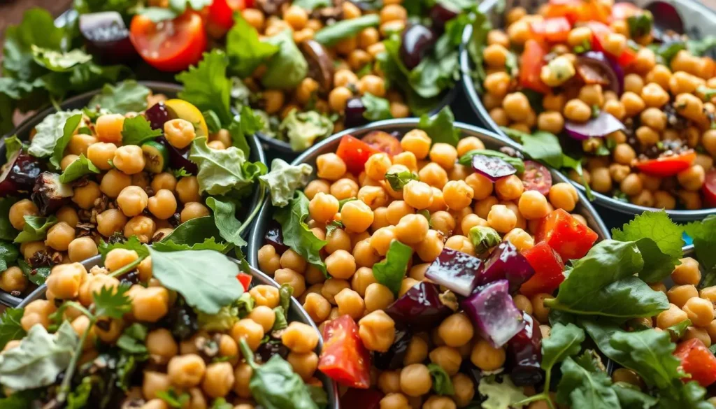 protein-packed salads Chickpea salad with fresh vegetables in a bowl, ready to serve.